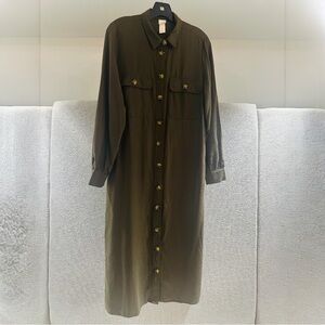 H&M Midi Army Green Long Sleeve Button Up Dress